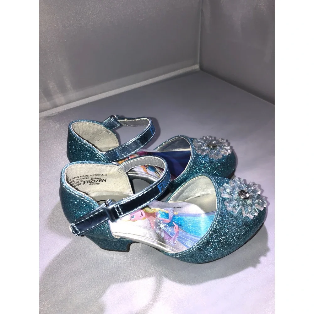 Disney Frozen Elsa Anna Blue Glitter Dress Shoes Snowflake Heels Girls Size 6